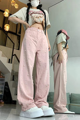 High Waist Cute Pearls Beaded Pink Jeans Pants